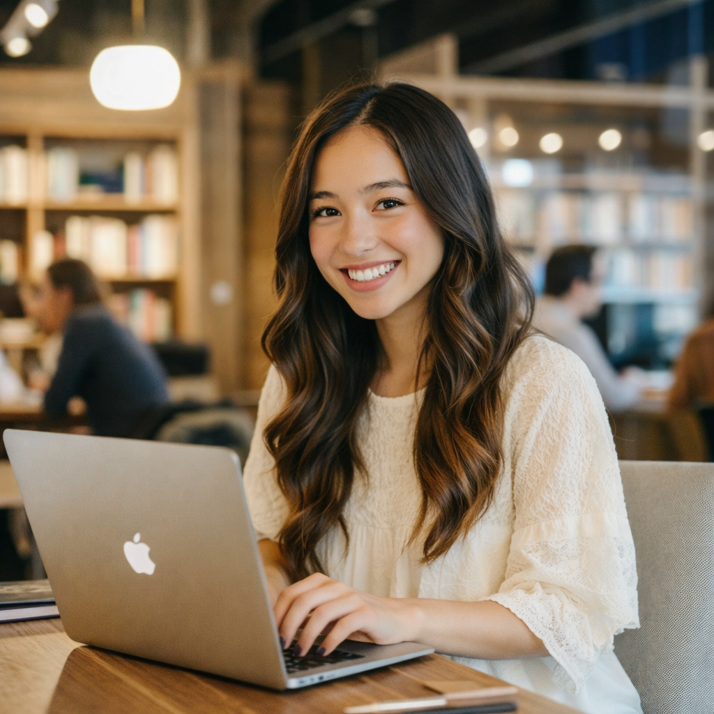 A girl is using a laptop